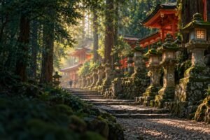 A wooded Nara shrine approach with stone lanterns and vermilion buildings.