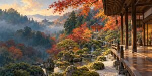 An illustrated timber veranda overlooking a moss garden and autumn foliage, inspired by Kyoto.