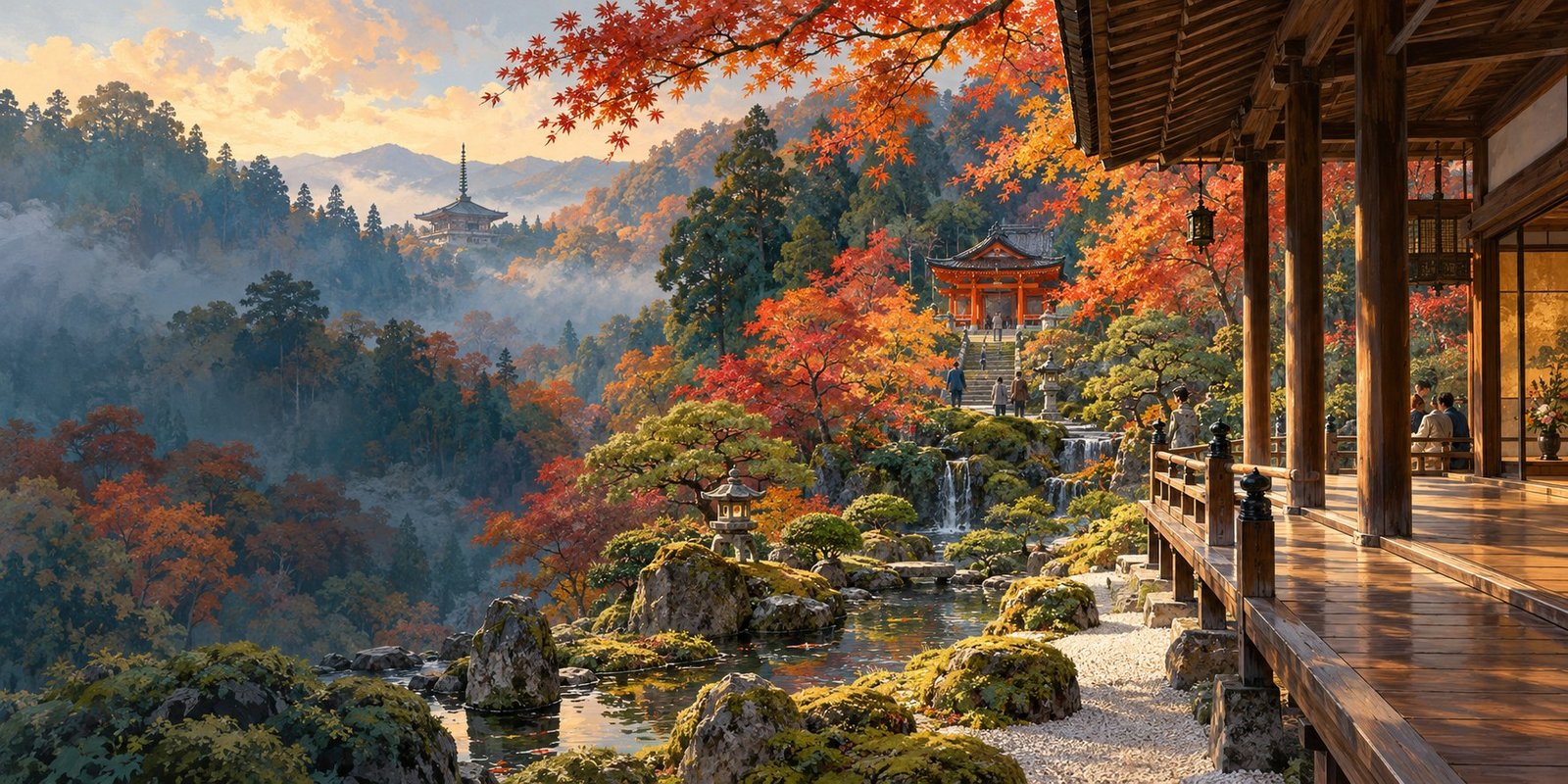 An illustrated timber veranda overlooking a moss garden and autumn foliage, inspired by Kyoto.