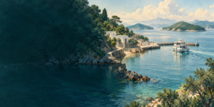 An original painted illustration of a small ferry, quiet island coastline and wooded islands in the Seto Inland Sea.