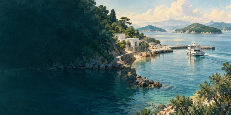 An original painted illustration of a small ferry, quiet island coastline and wooded islands in the Seto Inland Sea.