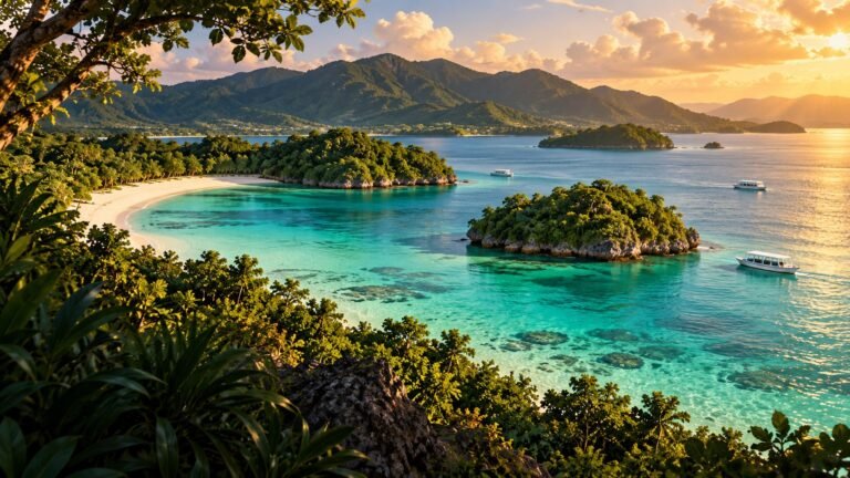 AI-created editorial illustration of Kabira Bay's turquoise water, wooded islets and glass-bottom boats, with no swimmers.