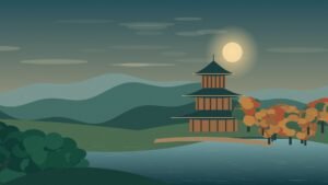 Original vector-style editorial illustration of a Kyoto-style pavilion, layered hills, autumn trees and a garden pond.