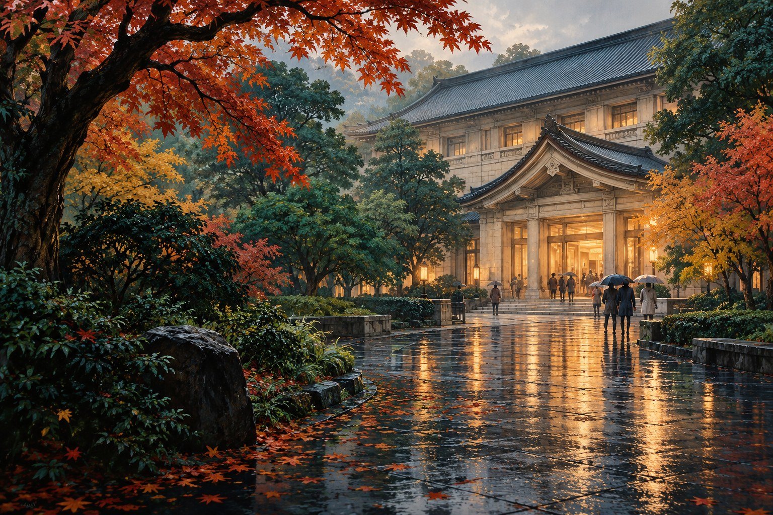 An illustrated museum courtyard in Ueno, with umbrellas and reflections after rain.