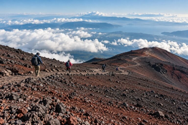 Hikers on a broad volcanic Mount Fuji-inspired trail above clouds in calm summer daylight.