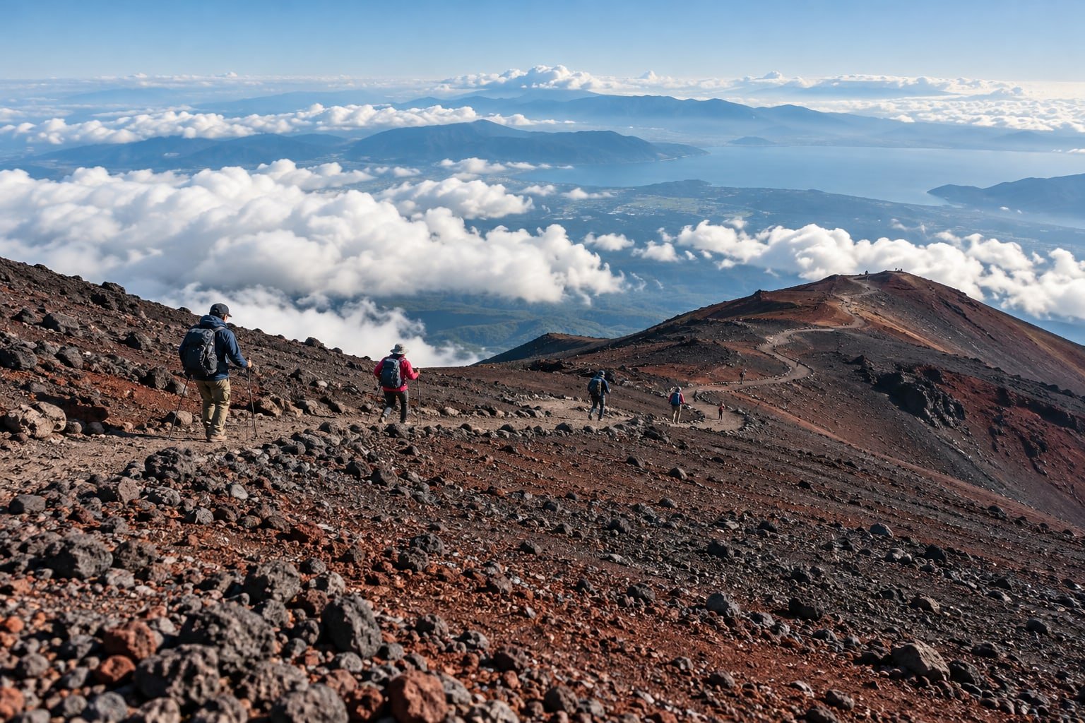 Hikers on a broad volcanic Mount Fuji-inspired trail above clouds in calm summer daylight.