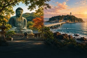 Original editorial diptych pairing Kamakura’s Great Buddha with Enoshima island and its approach bridge.