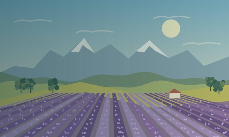 Original stylised illustration of lavender rows, farmland and a mountain horizon inspired by Furano and Biei.