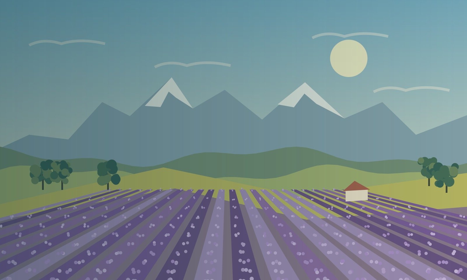Original stylised illustration of lavender rows, farmland and a mountain horizon inspired by Furano and Biei.