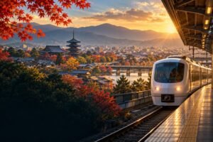 Original illustration of a train beside a platform, Kyoto-inspired temple roofs, autumn trees and distant hills in warm evening light.