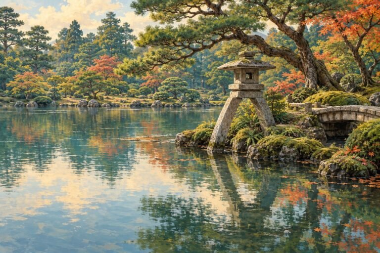 Editorial illustration of a Kanazawa garden pond, stone lantern, sculpted pine trees and a small stone bridge.