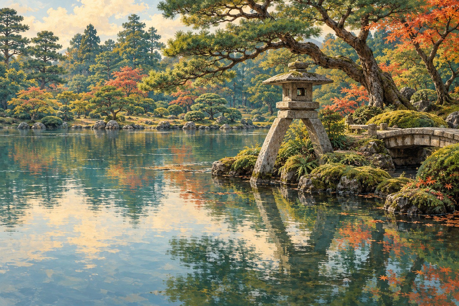 Editorial illustration of a Kanazawa garden pond, stone lantern, sculpted pine trees and a small stone bridge.