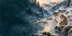 An original painted illustration of Japanese macaques beside a steaming pool in a snowy forested ravine.