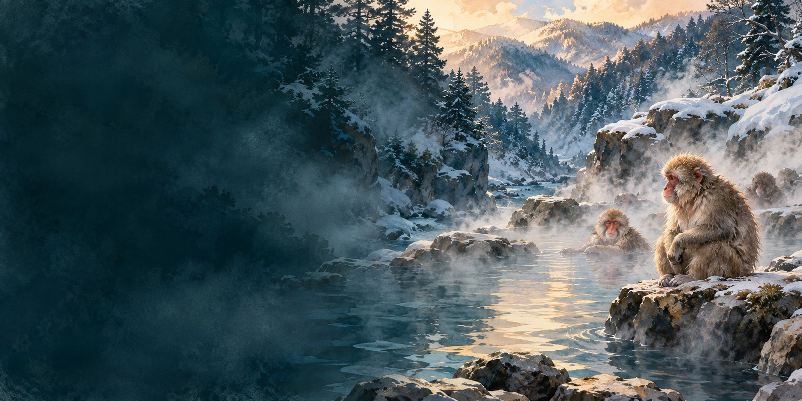 An original painted illustration of Japanese macaques beside a steaming pool in a snowy forested ravine.