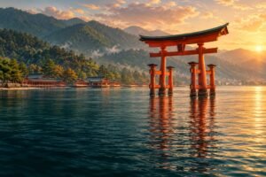 Vermilion torii in sheltered tidal water, with wooded Miyajima hills beyond.