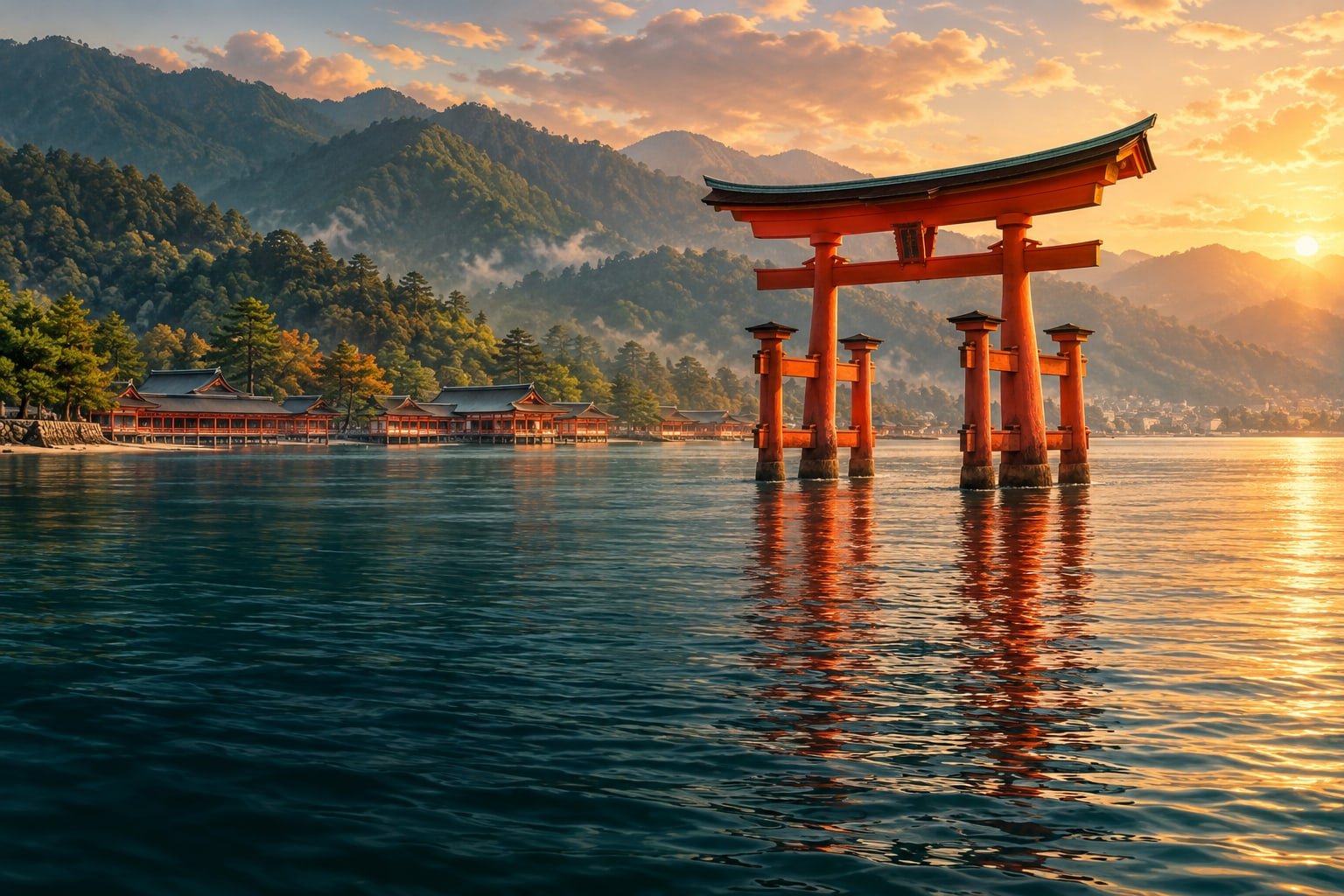 Vermilion torii in sheltered tidal water, with wooded Miyajima hills beyond.