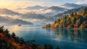 Illustration of Lake Ashi and wooded Hakone hills, with a lakeside red torii and Mount Fuji in clear weather.
