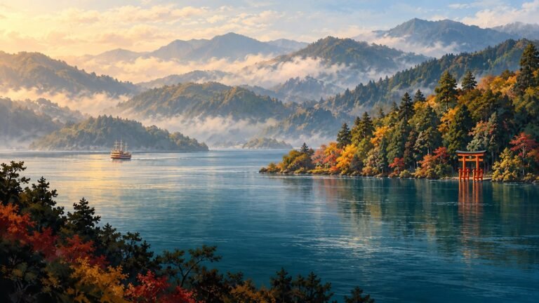 Illustration of Lake Ashi and wooded Hakone hills, with a lakeside red torii and Mount Fuji in clear weather.