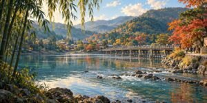 An illustrated river and low bridge beneath wooded hills, inspired by Arashiyama.