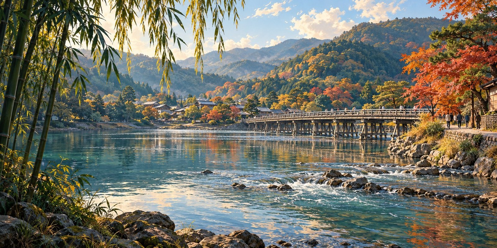 An illustrated river and low bridge beneath wooded hills, inspired by Arashiyama.
