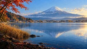 Illustration of Mount Fuji rising beyond Lake Kawaguchiko, with a quiet lakeside foreground and soft early light.