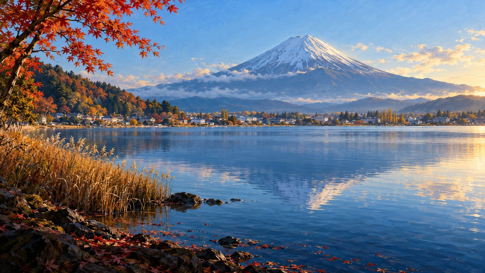 Illustration of Mount Fuji rising beyond Lake Kawaguchiko, with a quiet lakeside foreground and soft early light.