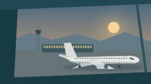 Original illustration of an unbranded aircraft on an imagined airport apron at dawn, seen through a terminal window.