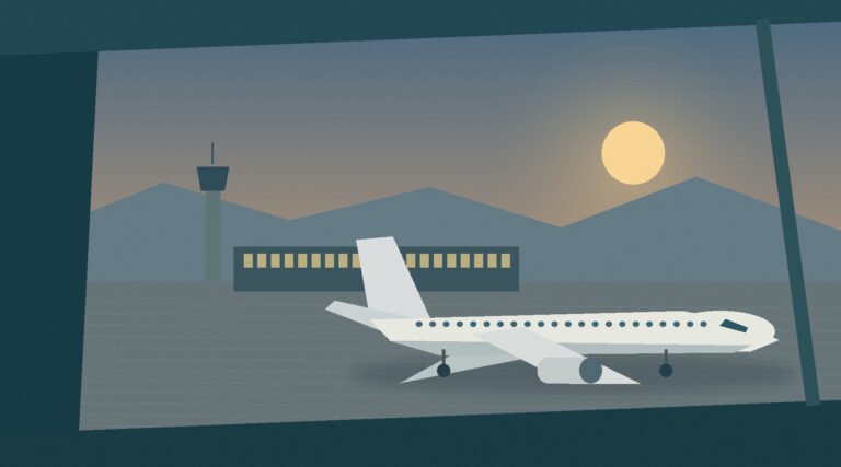 Original illustration of an unbranded aircraft on an imagined airport apron at dawn, seen through a terminal window.