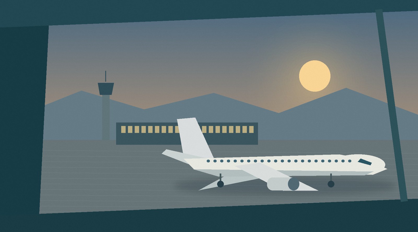 Original illustration of an unbranded aircraft on an imagined airport apron at dawn, seen through a terminal window.