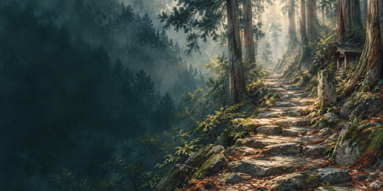 An original painted illustration of a rising moss-edged stone path, cedar forest and a modest roadside shrine inspired by the Nakahechi.