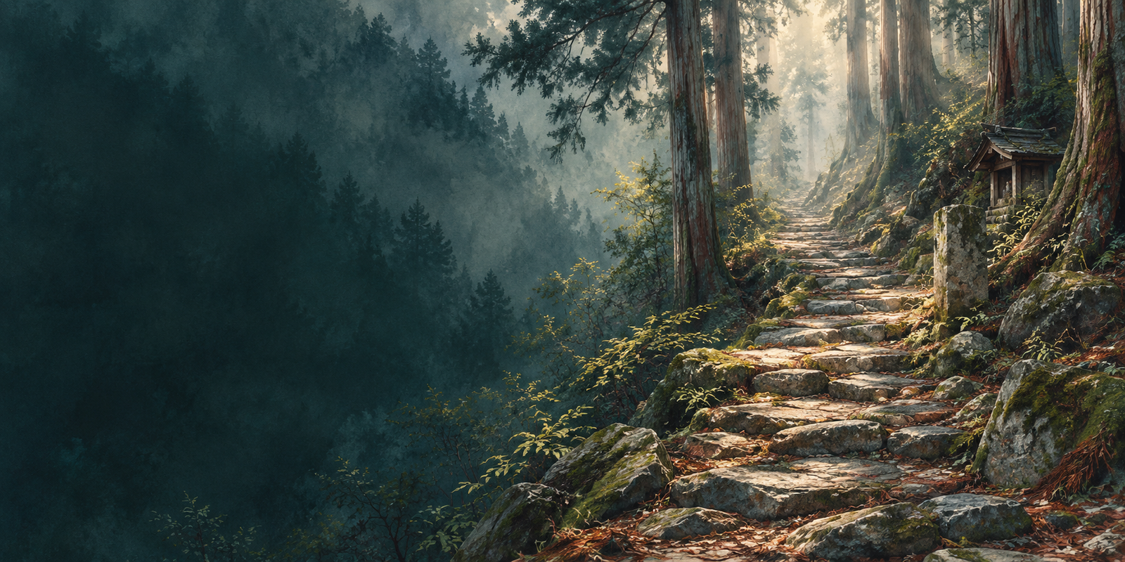 An original painted illustration of a rising moss-edged stone path, cedar forest and a modest roadside shrine inspired by the Nakahechi.