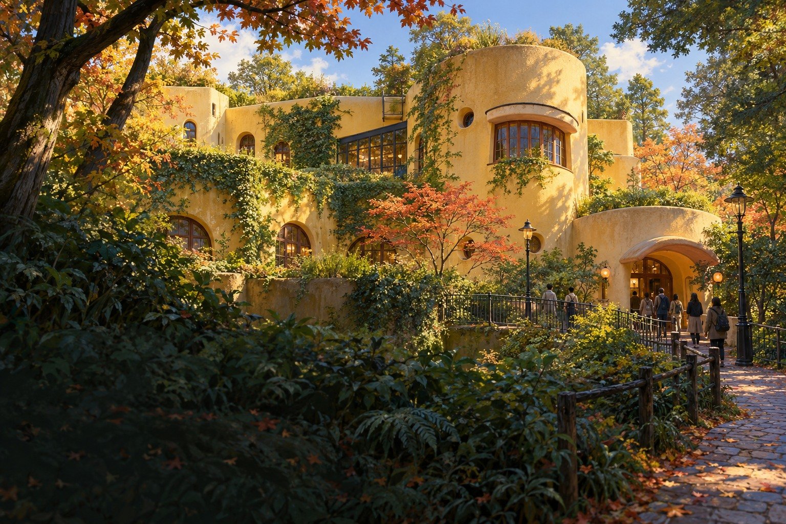 AI-created illustration inspired by the Ghibli Museum's ochre buildings, curved forms and trees in Mitaka.
