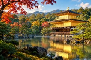 Editorial illustration inspired by the Golden Pavilion, its pond and surrounding trees