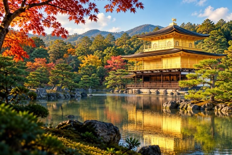 Editorial illustration inspired by the Golden Pavilion, its pond and surrounding trees