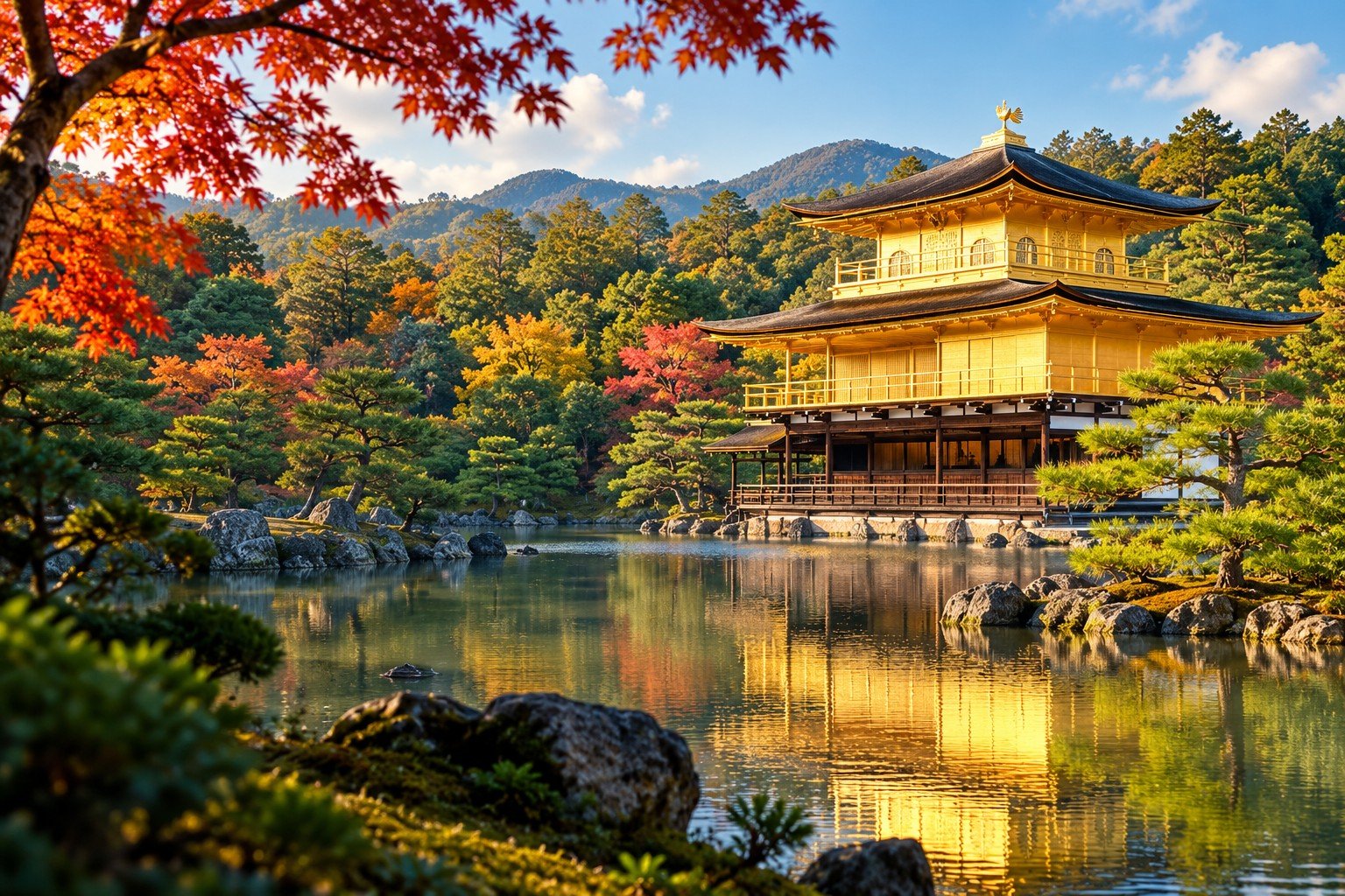 Editorial illustration inspired by the Golden Pavilion, its pond and surrounding trees