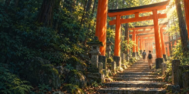 An illustrated path climbing through vermilion torii and wooded steps, inspired by Fushimi Inari.