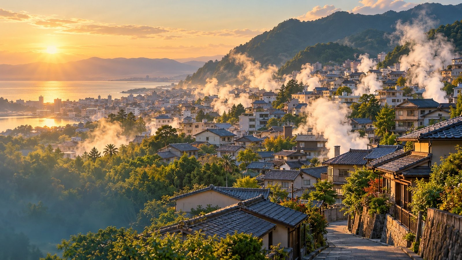 AI-created editorial illustration of steam rising over Beppu's onsen neighbourhoods, with rooftops, hills and the bay.
