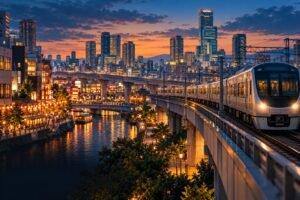 Original illustration of a modern train beside a river, illuminated streets and Osaka-inspired towers at dusk.