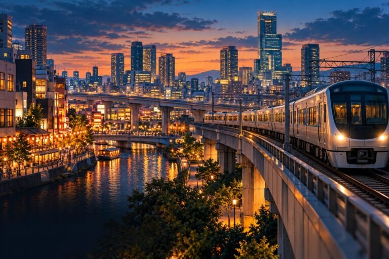 Original illustration of a modern train beside a river, illuminated streets and Osaka-inspired towers at dusk.