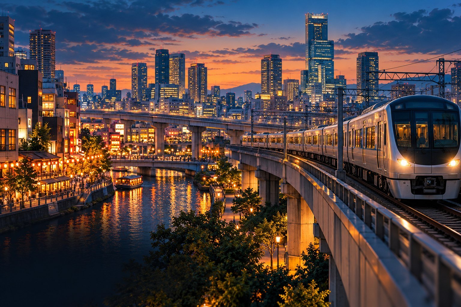 Original illustration of a modern train beside a river, illuminated streets and Osaka-inspired towers at dusk.