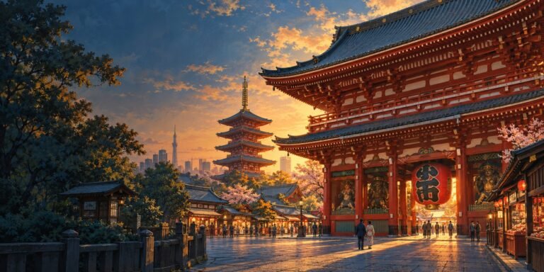 An illustrated temple gate, pagoda and shopping lane inspired by Asakusa in warm evening light.