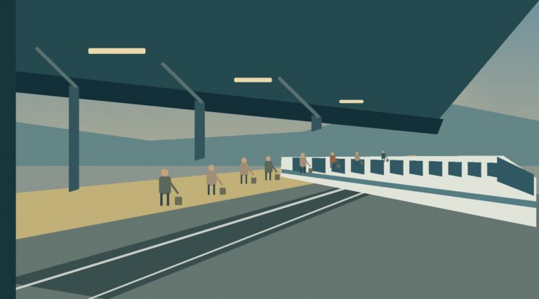 Original illustration of travellers waiting with luggage on an imagined Japanese railway platform.