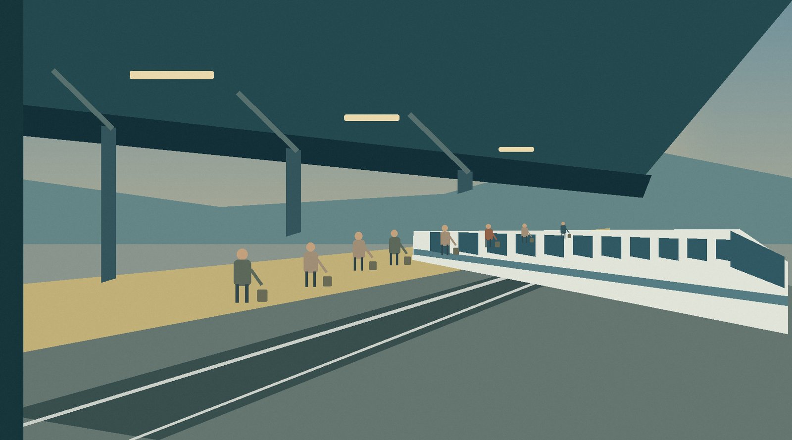 Original illustration of travellers waiting with luggage on an imagined Japanese railway platform.