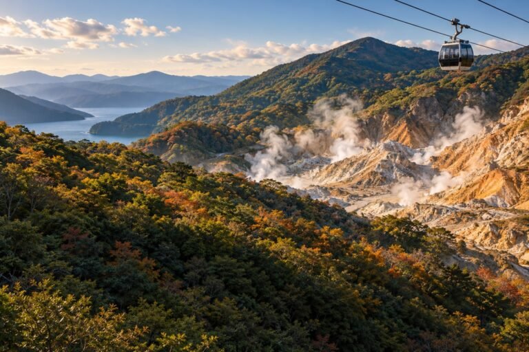 A ropeway gondola above a Hakone-inspired volcanic valley, with steam rising between wooded slopes.
