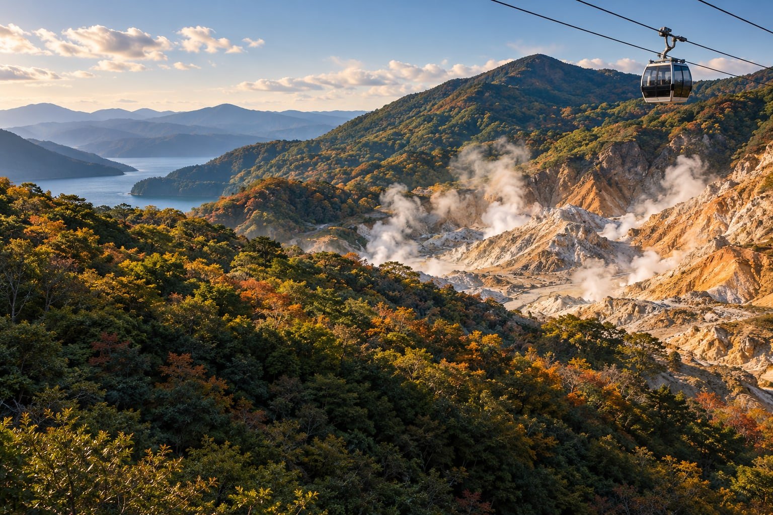 A ropeway gondola above a Hakone-inspired volcanic valley, with steam rising between wooded slopes.