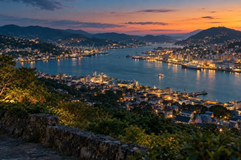 Nagasaki-inspired harbour at twilight, with city lights climbing the surrounding hills.