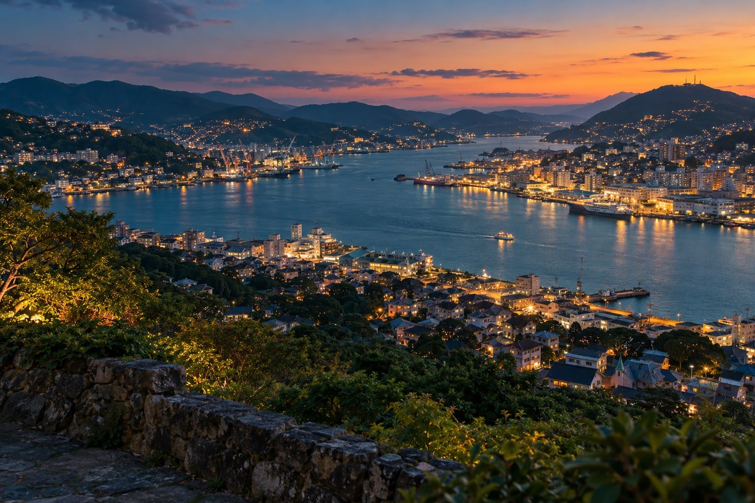 Nagasaki-inspired harbour at twilight, with city lights climbing the surrounding hills.