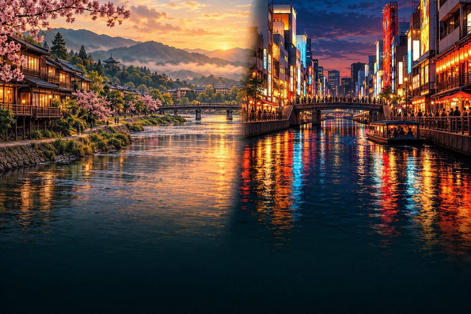 Original editorial comparison pairing a Kyoto riverside scene with Osaka’s Dotonbori canal after dark.
