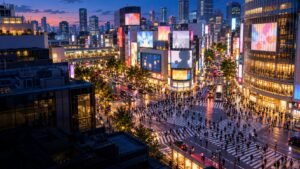 AI-created editorial illustration of Shibuya's crossings, anonymous pedestrians and glowing city buildings at blue hour.