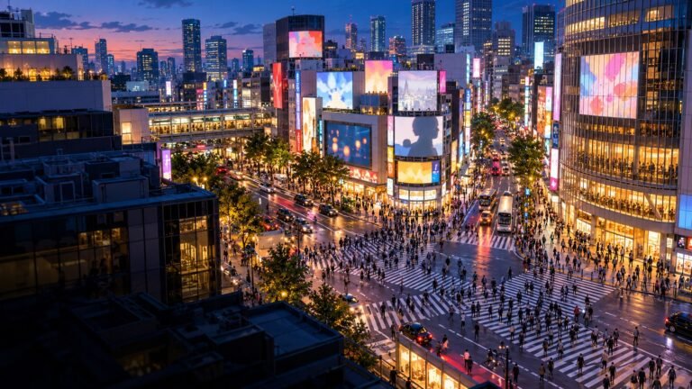 AI-created editorial illustration of Shibuya's crossings, anonymous pedestrians and glowing city buildings at blue hour.